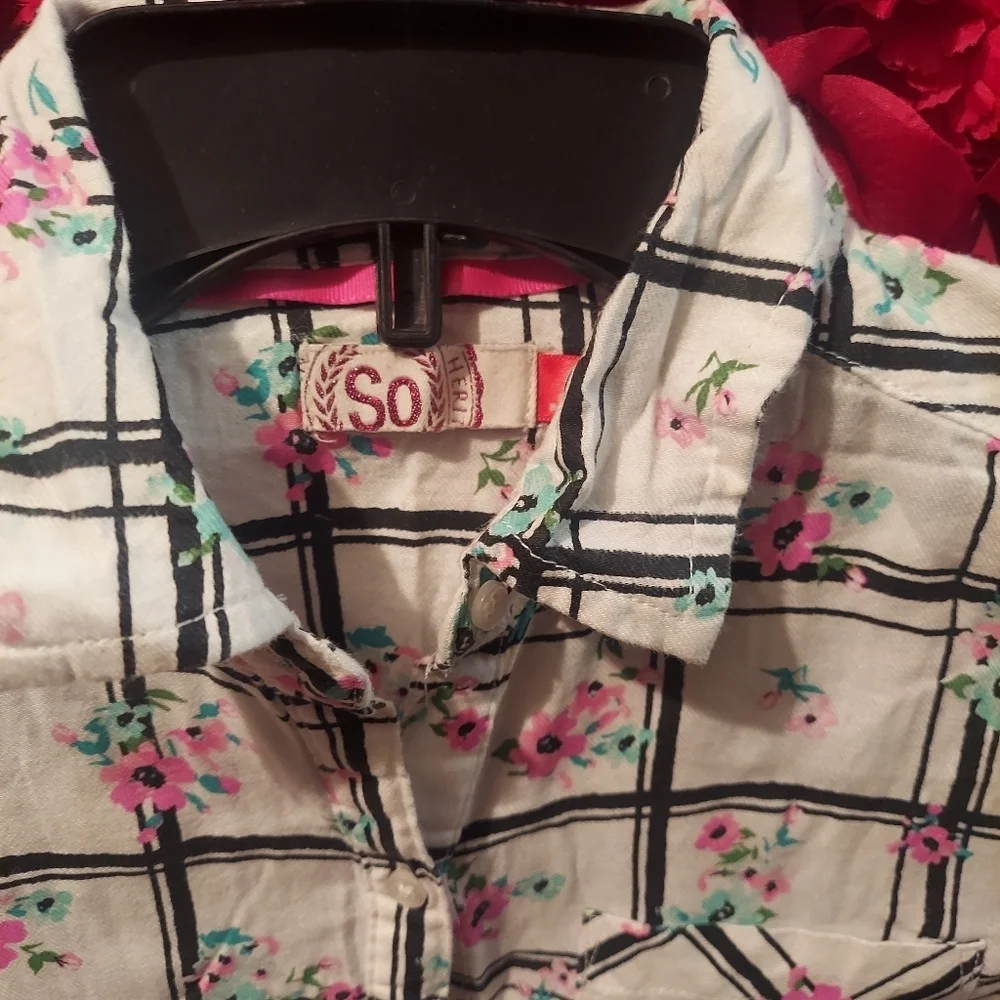 SO Girls Size 12 Long Sleeve Floral Peplum Button Down Top